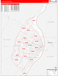 St. Louis CityCounty, MO Wall Map Zip Code Red Line Style 2024